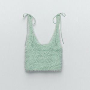 Zara Seafoam Mint Green Fuzzy Tie-Shoulder Crop Top Bralette. Size Small.